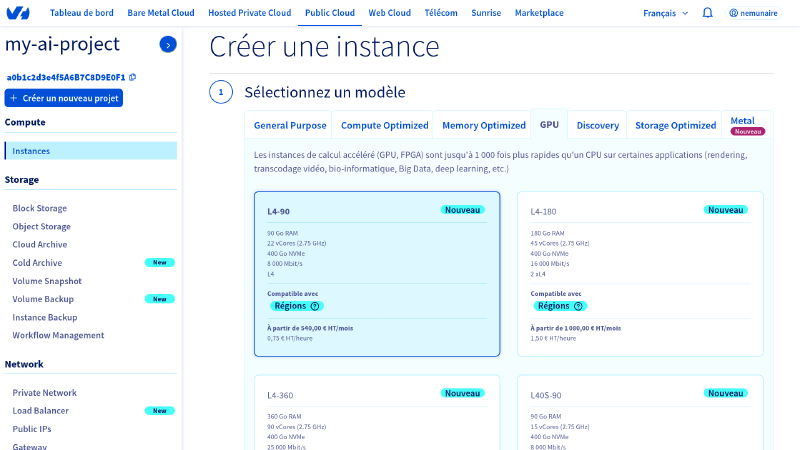 Sélectionnons une instance L4-90